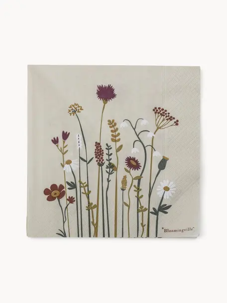 Serviettes en papier à motif floral Paige, 20 pièces, Carton, Beige, tons rouges, larg. 33 x long. 33 cm