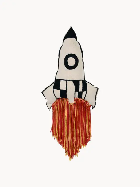 Handgebreid knuffelkussen Rocket, Rood, oranje, Off White, zwart, B 65 x L 30 cm