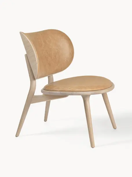 Sedia lounge in pelle con gambe in legno Rocker, fatta a mano, Struttura: legno di quercia Questo p, Beige, legno di quercia chiaro, Larg. 65 x Prof. 69 cm