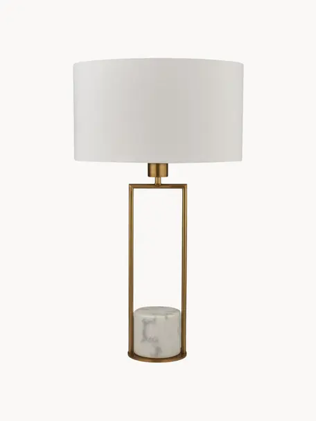 Lampa stołowa z marmurową podstawą Quebec, Stelaż: metal galwanizowany, Biały, marmurowy, odcienie złotego, Ø 35 x W 62 cm