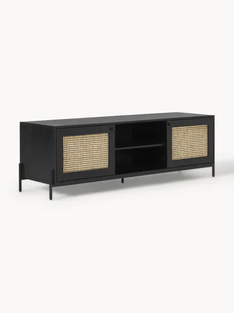 Mueble de TV con tejido vienés Vienna, Estructura: madera de mango maciza pi, Patas: metal con pintura en polv, Madera de mango, negro, An 160 x Al 50 cm