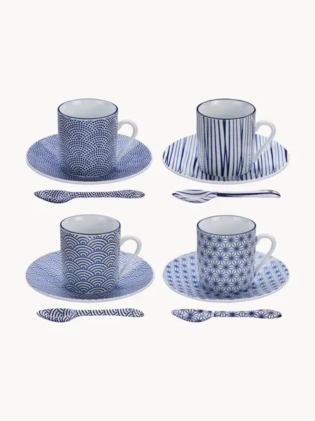 Handgemachte Porzellan-Espressotassen Nippon mit Untertassen und Löffeln, 4er-Set, Porzellan, Blau, Weiß, Ø 5 x H 6 cm, 80 ml