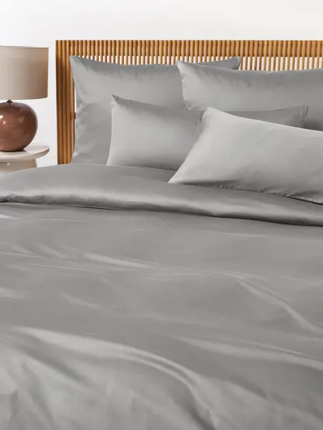 Funda nórdica de satén Comfort, Gris oscuro, madera, Cama 90 (An 155 x L 220 cm)