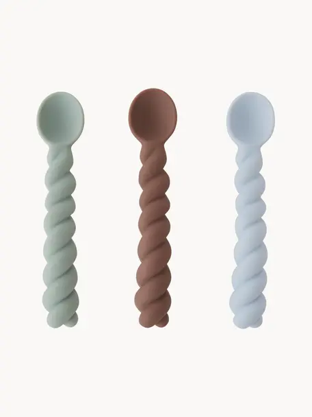 Cucharas infantiles Mellow, 3 uds., 100% silicona, Verde salvia, marrón, azul claro, An 3 x L 13 cm