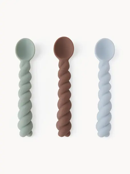 Cuillères pour enfant Mellow, 3 élém., 100 % silicone, Vert sauge, brun, bleu ciel, larg. 3 x long. 13 cm