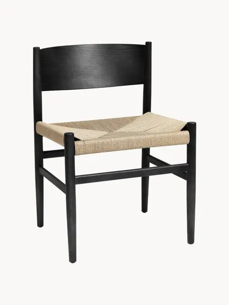 Silla artesnal de madera con asiento de mimbre Nestor, Asiento: malla de papel, Estructura: madera de haya con certif, Beige claro, negro, An 50 x F 53 cm