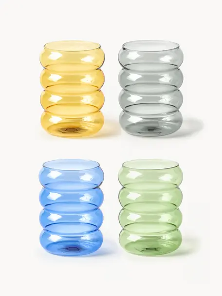 Verres à eau soufflés bouche Bubbly, 4 élém., Verre borosilicate, Multicolore, transparent, Ø 8 x haut. 10 cm, 320 ml