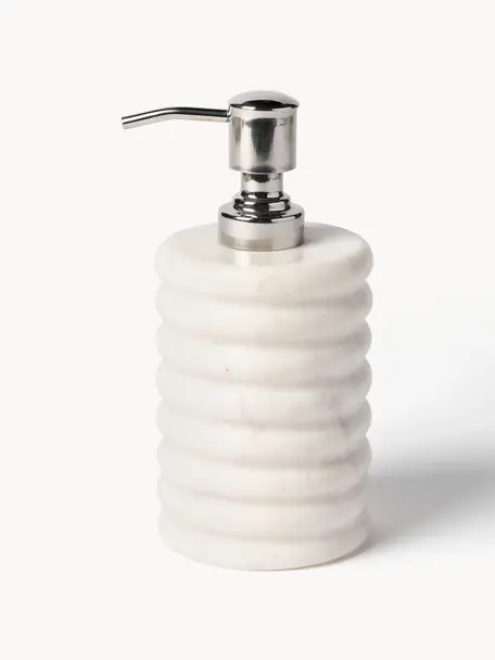 Marmor-Seifenspender Orta, Behälter: Marmor, Pumpkopf: Kunststoff, Weiss, marmoriert, Ø 8 x H 17 cm
