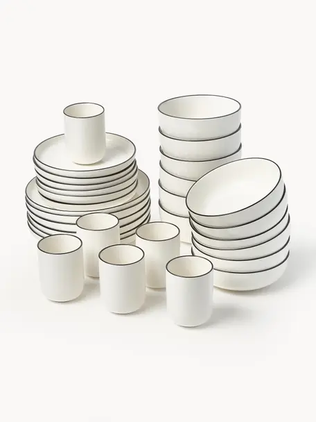 Sada porcelánového nádobí Facile, pro 6 osob (30 dílů), Vysoce kvalitní tvrdý porcelán (cca 50 % kaolinu, 25 % křemene a 25 % živce), Tlumeně bílá s černým okrajem, Pro 6 osoby (30 dílů)
