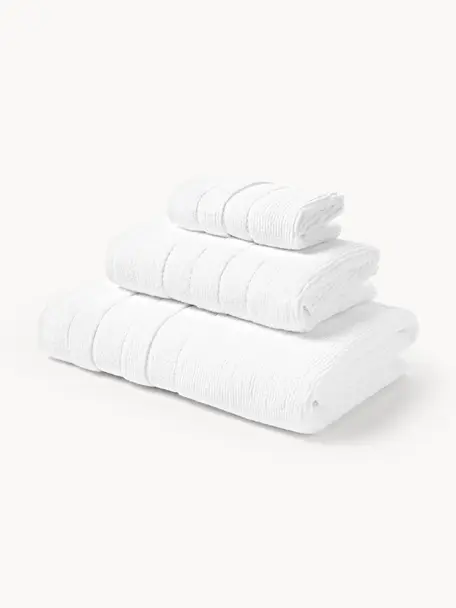 Lot de serviettes de bain avec bordure décorative Luxe, set de tailles variées, Blanc, 3 éléments (1 serviette invité, 1 serviette de toilette et 1 drap de bain)