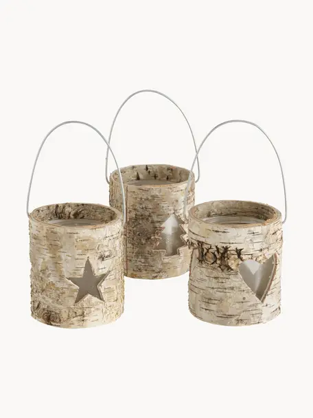 Set de portavelas Ilion, 3 uds., Tapizado: madera, Portavelas: vidrio, Asas: metal, Tonos beige, madera, Ø 11 x Al 13 cm