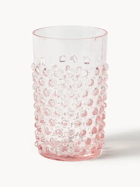 Handgemaakte waterglazen Hobnail met reliëf, 6 stuks, Glas, Roze, Ø 7 x H 11 cm, 200 ml