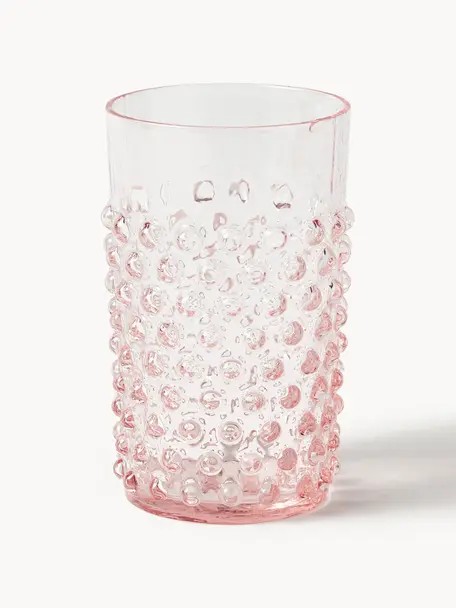 Set de vasos artesanales con relieves Hobnail, 6 uds., Vidrio, Rosa, Ø 7 x Al 11 cm, 200 ml