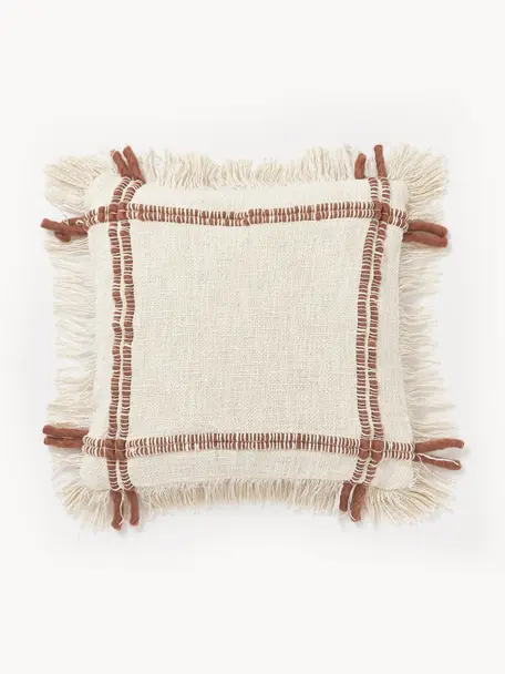 Housse de coussin 45x45 artisanale en coton avec franges Catalina, Beige clair, terracotta, larg. 45 x long. 45 cm