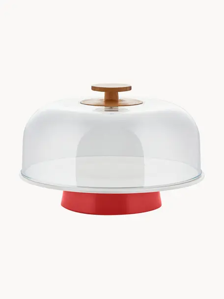 Fuente campana de porcelana Mattina, Asa: madera de bambú, Rojo, blanco, transparente, Ø 32 x Al 22 cm