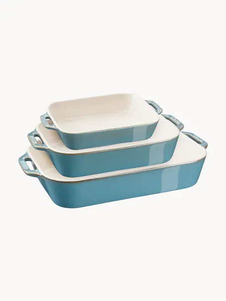 Set de fuentes horno Ceramic, 3 uds., Cerámica esmaltada, Blanco Off White, azul petróleo, Set de diferentes tamaños