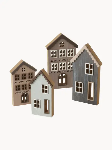 Decoratieve huisjes Ilmo, set van 4, MDF, Bruin, grijs, beige, Set met verschillende formaten