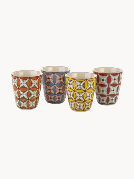 Handbemalte Becher Hippy, 4er-Set, Keramik, glasiert, Gelb, Terrakotta, Orange, Hellblau, Ø 9 x H 9 cm, 300 ml