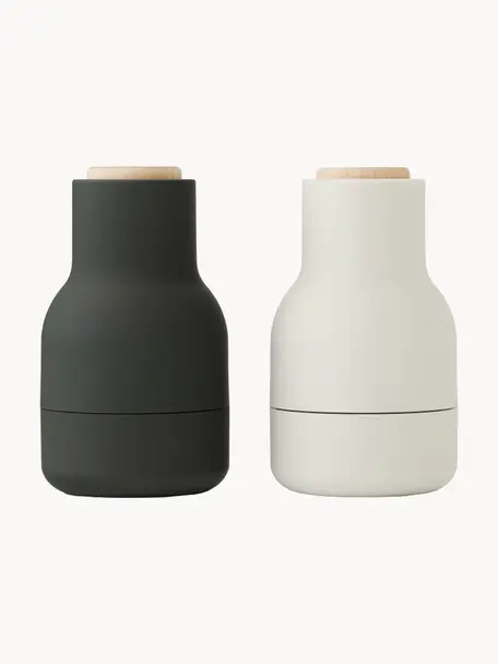 Salero y pimentero pequeños de diseño Bottle Grinder, 2 uds., Estructura: plástico, Grinder: cerámica, Negro, blanco Off White, madera de haya, Ø 7 x Al 12 cm