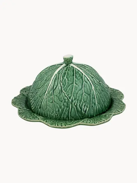 Mantequillera pintada a mano Cabbage, Cerámica de gres, Verde oscuro, Ø 35 x Al 16 cm