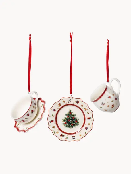 Porseleinen kerstboomhangers Toy's Delight, set van 3, Premium porselein, Wit, rood, Set met verschillende groottes