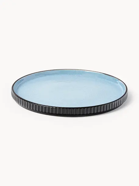 Platos postre con relieve Bora, 4 uds., Cerámica esmaltada, Azul claro brillante, negro mate, Ø 21 cm