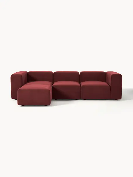 Modulares Samt-Sofa Lena (4-Sitzer) mit Hocker, Bezug: Samt (100 % Polyester) De, Gestell: Kiefernholz, Schichtholz,, Samt Weinrot, B 284 x T 181 cm