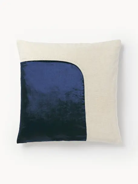 Vyšívaný povlak na polštář se sametovým dekorem Farah, Tmavě modrá, béžová, Š 45 cm, D 45 cm