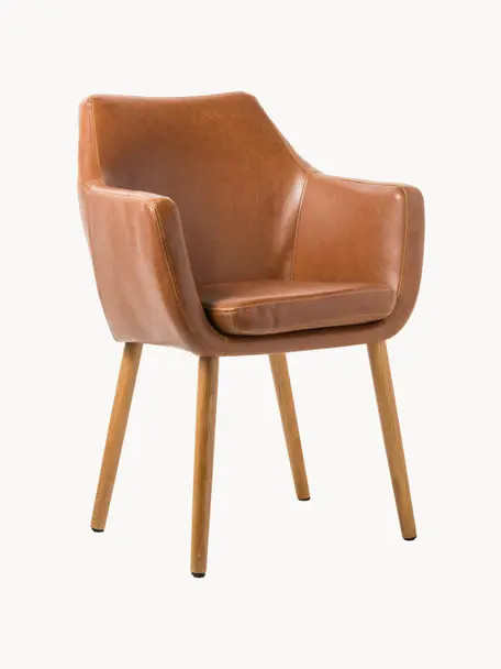 Kunstleren fauteuil Nora met houten poten, Bekleding: kunstleer (polyurethaan), Poten: eikenhout, Kunstleer cognac, licht eikenhout, B 56 x D 55 cm