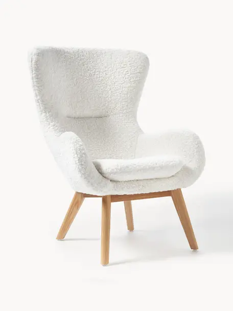 Sillón orejero de borreguillo Wing, Tapizado: poliéster (borreguillo) A, Patas: madera maciza chapado en , Blanco crema, An 77 x F 89 cm