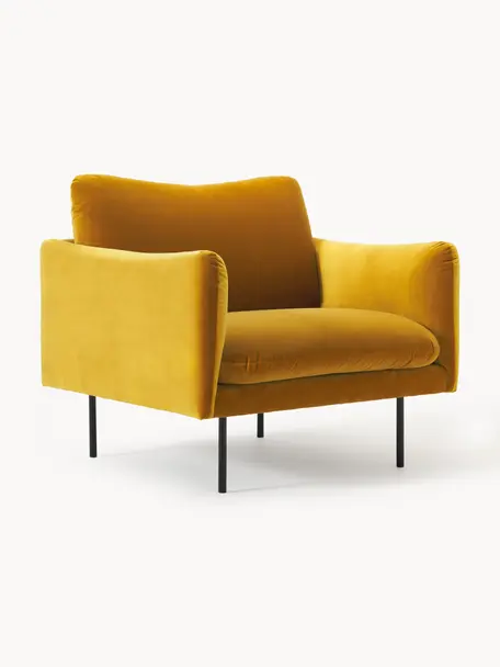 Fluwelen fauteuil Moby, Bekleding: fluweel (hoogwaardig poly, Frame: massief grenenhout, Poten: gepoedercoat metaal Dit p, Fluweel mosterdgeel, B 90 x D 90 cm