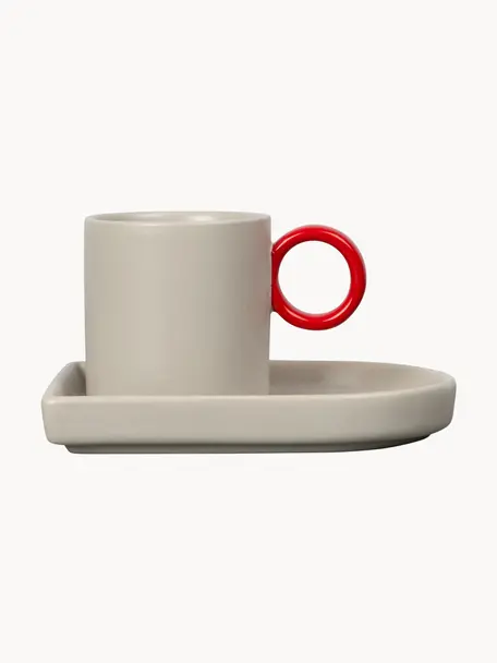 Tasses à expresso avec sous-tasses en porcelaine Niki, 2 pièces, Porcelaine, Grège, rouge, Ø 6 x haut. 6 cm, 80 ml