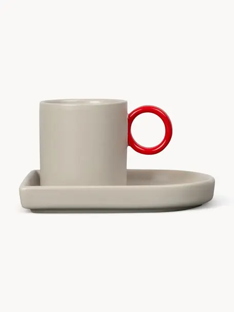 Tasses à expresso avec sous-tasses en porcelaine Niki, 2 pièces, Porcelaine, Grège, rouge, Ø 6 x haut. 6 cm, 80 ml