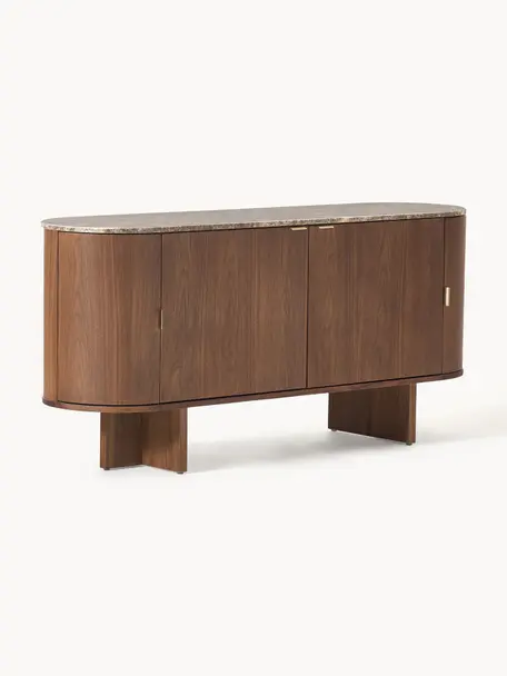 Holz-Sideboard Zumi mit abgerundeten Ecken und Marmorplatte, Korpus: Mitteldichte Holzfaserpla, Ablagefläche: Marmor, Griffe: Metall, Walnussholz lackiert, Braun marmoriert, B 160 x H 75 cm