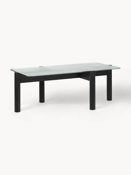 Tavolino da salotto in legno di faggio con piano in vetro Kob, Gambe: legno di faggio massiccio, Trasparente, nero, Larg. 110 x Prof. 55 cm