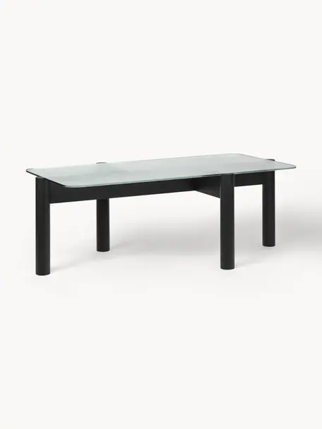 Mesa de centro de madera de haya con tablero de cristal Kob, Tablero: vidrio, Patas: madera de haya maciza, Transparente, negro, An 110 x F 41 cm