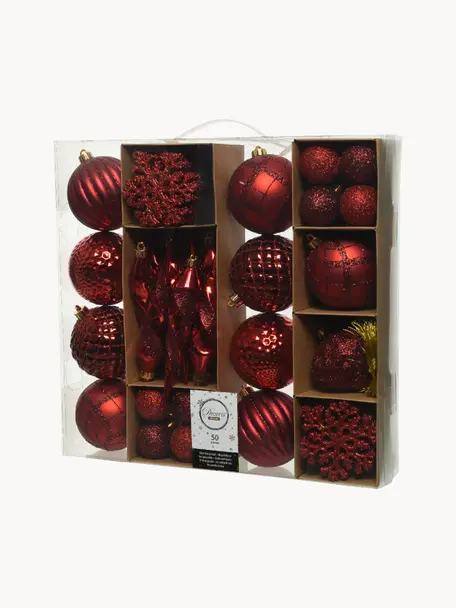 Set de adornos navideños irrompibles Valerie, 50 uds., Plástico irrompible, Rojo, Set de diferentes tamaños