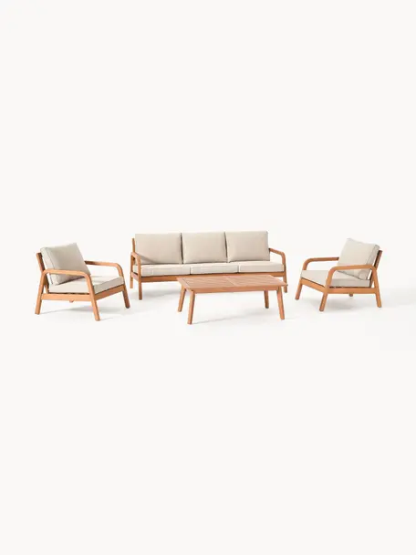 Set lounge para exterior de madera de eucalipto Bergen, 4 pzas., Tapizado: 100% poliéster Alta resis, Beige claro, madera de eucalipto, Set de diferentes tamaños