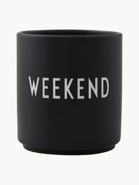 Dizajnérsky hrnček s nápisom Favourite WEEKEND, Čínsky porcelán
Mäkký porcelán, ktorý sa vyznačuje predovšetkým žiarivým, priehľadným leskom, Čierna (Weekend), Ø 8 x V 9 cm, 250 ml