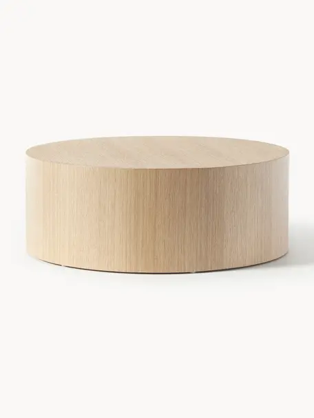 Okrągły stolik kawowy z drewna Dan, Płyta pilśniowa średniej gęstości (MDF) z fornirem z drewna dębowego, Rattan, drewno naturalne, Ø 80 x W 30 cm