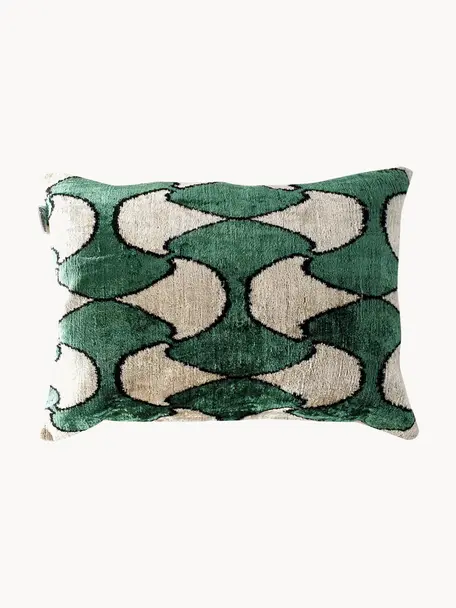 Housse de coussin en velours avec motif abstrait Velvety, Velours de soie (50 % soie, 50 % coton), Vert foncé, beige clair, noir, larg. 40 x long. 60 cm