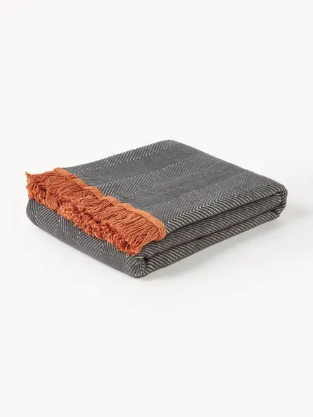 Coperta con motivo a spina di pesce Agatha, 80% cotone, 20% acrilico, Grigio scuro, terracotta, Larg. 120 x Lung. 180 cm