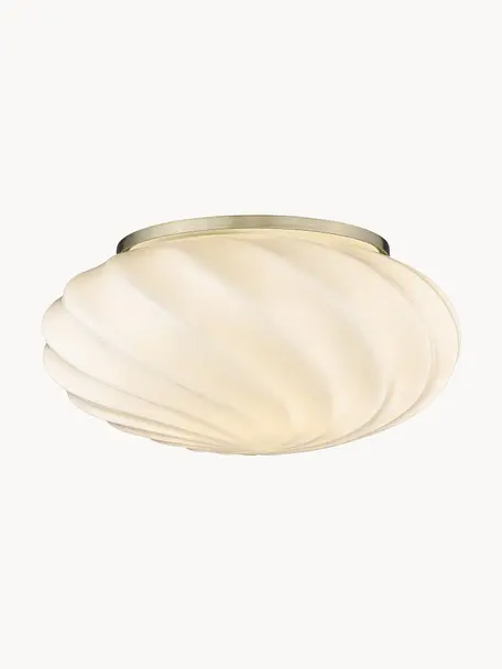 Kleine mondgeblazen plafondlamp Twist, Ø 25 cm, Lampenkap: glas, Decoratie: gecoat metaal, Gebroken wit, Ø 25 x H 11 cm