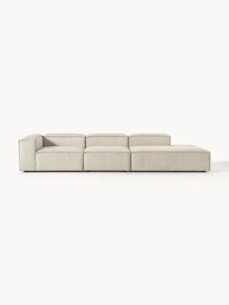 Diván modular grande de pana Lennon, Tapizado: pana (92% poliéster, 8% p, Estructura: madera contrachapada de p, Patas: plástico Las patas están , Pana beige claro, An 357 x F 119 cm, reposabrazos izquierdo