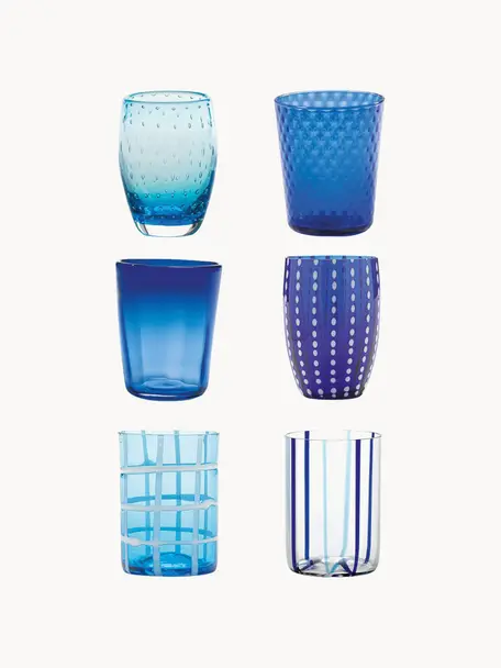 Mondgeblazen waterglazen Melting Pot, 6-delig, Glas, Blauwtinten, transparant, Set met verschillende formaten