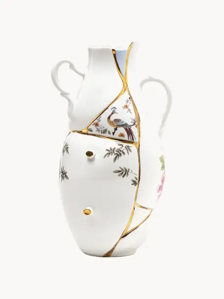 Vase Kintsugi aus Fine Bone China, H 32 cm, Vase: Fine Bone China, Dekor: 24-Karat Gold, Weiß glänzend, Mehrfarbig, B 19 x H 32 cm