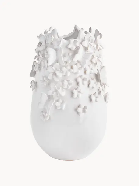 Vase Daphne mit 3D-Verzierung, Steingut, lackiert, Weiß, Ø 23 cm x H 35 cm