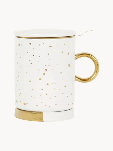 Tasse à thé avec passoire, couvercle et sous-tasse Astre, Grès cérame, Blanc, doré, Ø 9 x haut. 12 cm, 350 ml