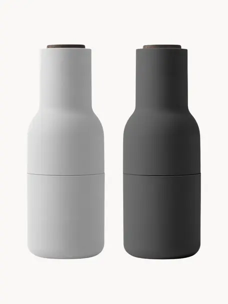 Salero y pimentero de diseño Bottle Grinder, 2 uds., Estructura: plástico, Grinder: cerámica, Blanco, gris oscuro, madera de nogal, Ø 8 x Al 21 cm