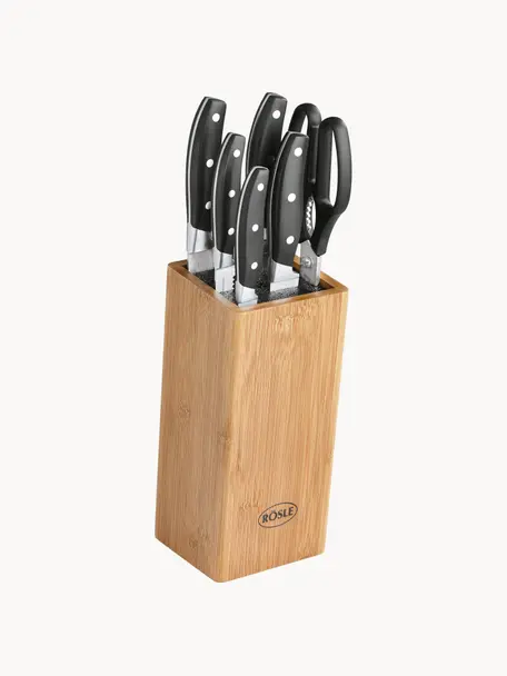 Set coltelli con blocco coltelli con 5 coltelli e 1 paio di forbici Cuisine, Coltello: acciaio inox X50CrMOV15, Manico: plastica, Legno chiaro, nero, Set in varie misure